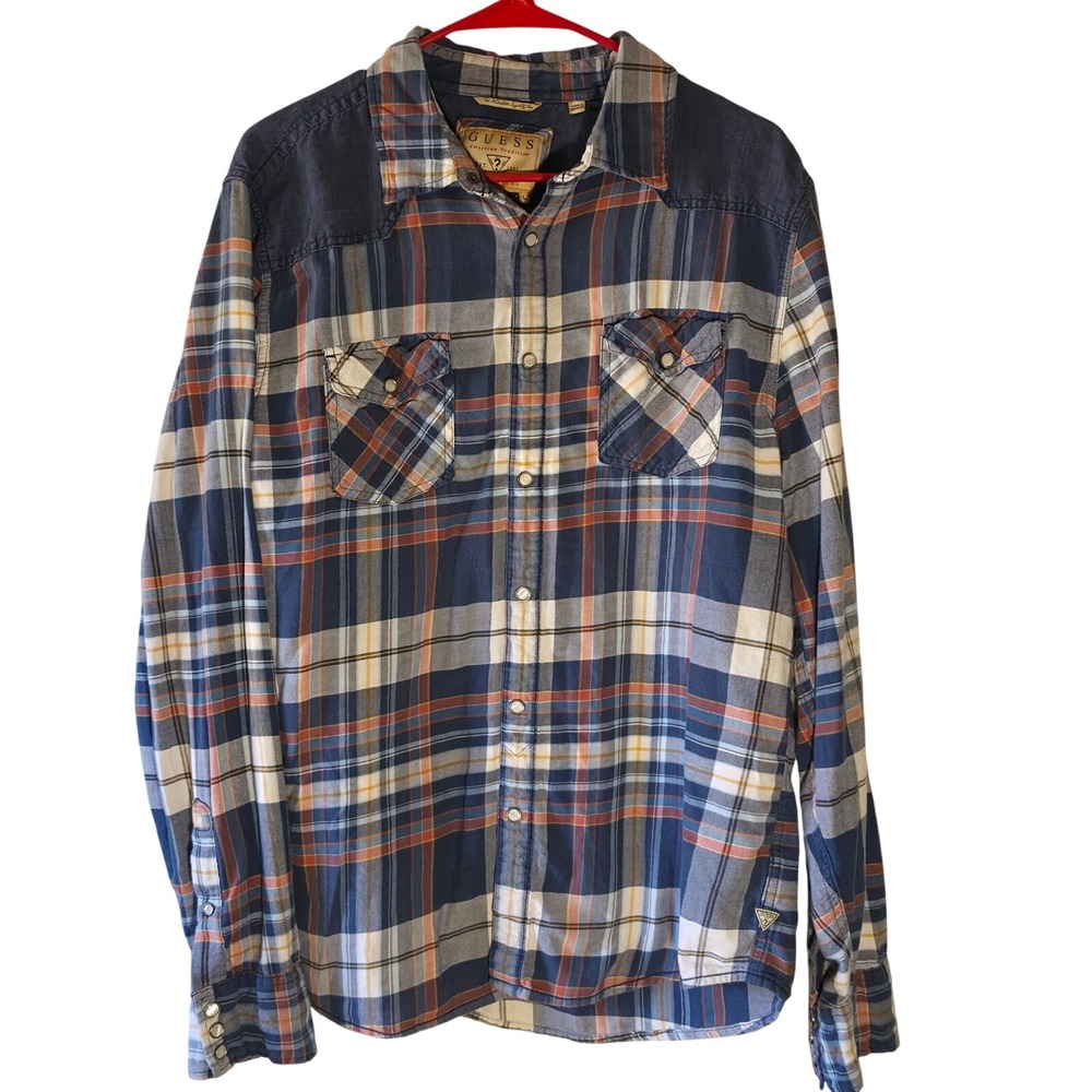 Vintage GUESS Pearl Snap Western Plaid Shirt Blue Orange Contrast Yoke Flannel